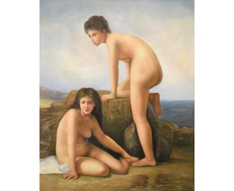 Oil on canvas - Portrait of two classical nudes, 59cm x 49cm, in an elaborate gilt frame  