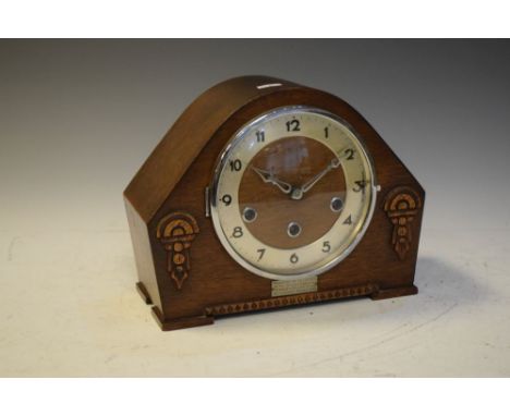 1930's period oak cased mantel clock, having striking and chiming movement, presentation inscription, 20.5cm high  