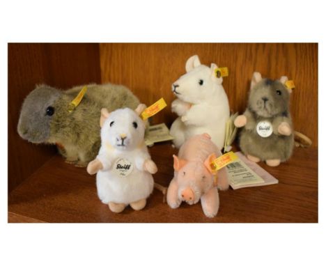 Steiff - 045219 Squirrel, together with Pilla Mouse, Susi Pig, 056147 Hausmaus (House Mouse), and Piff Mouse  