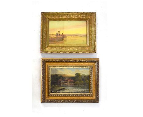 R. Allen of Eton - Oil on board - River Thames at Sonning, 14.5cm x 22cm and Children on a jetty, 14cm x 21.5cm, both framed 