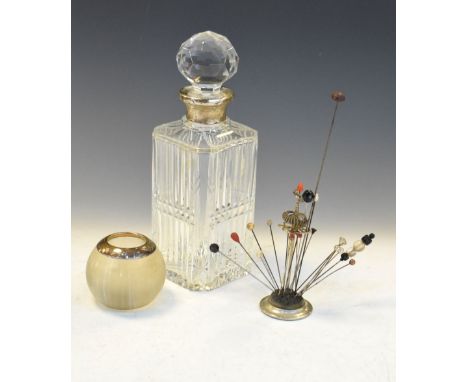 Elizabeth II silver mounted decanter, London 1973, 26.5cm high, Victorian silver mounted match striker, Birmingham 1899, and 