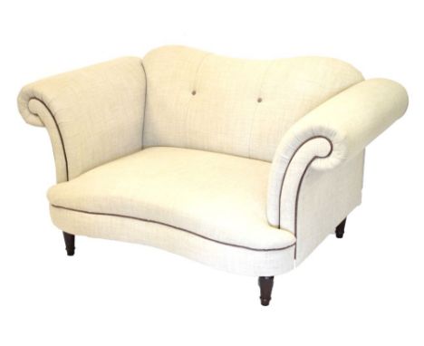 Victorian style modern two seat scroll arm settee upholstered in light grey fabric, one chequered cushion