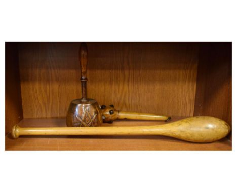 Masonic carved stonemasons mallet, carved wooden Mace with detachable head, and a throwing stick  