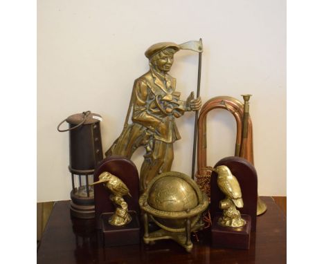 Quantity of decorative brass items and a miners lamp  