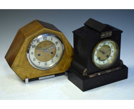 Victorian slate and marble mantel clock, 25.5cm high, and an Art Deco walnut cased mantel clock  