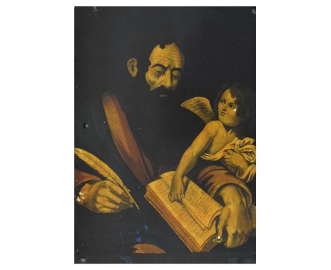 19th Century reverse glass print - St Matthew, 35cm x 25cm, in a rosewood frame  
