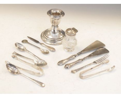 Collection of various silver items to include a George V silver candlestick, Birmingham 1910, teaspoons etc, 3.2toz approx we