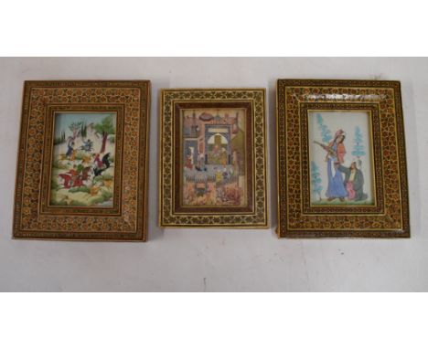 Two Indian painted faux ivory panels, and one other print in inlaid frames, the largest frame overall 20cm x 16cm  