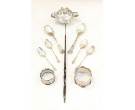 Collection of various silver items to include a George III silver and baleen handled punch ladle, London 1794, pair of teaspo