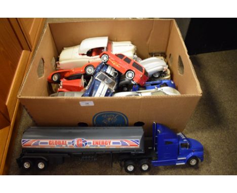 Assorted group of loose diecast and plastic model vehicles to include Global Energy fuel tanker, Danbury Mint 1953 Cadillac E