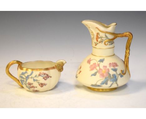 Royal Worcester jug having gilt handle and floral decoration, shape No 1378, together with a similar style cream jug  