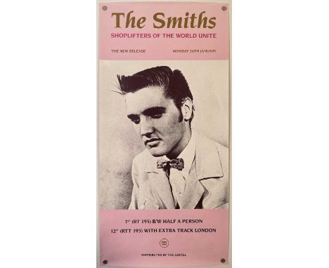 1987 Rough Trade promo poster for 'Shoplifters Of The World Unite'. Cover image is of Elvis Presley. Size - 12 x 24 inches (a