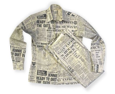 A shirt and trousers printed with 1968 news stories/features, made by 'Michael Mans Boutique' of London. See images for sizin