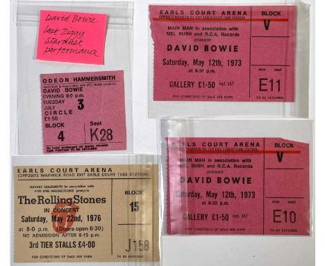 Four ticket stubs to include: David Bowie - last ever Ziggy Stardust show at Hammersmith Odeon, July 1973. Two stubs from the