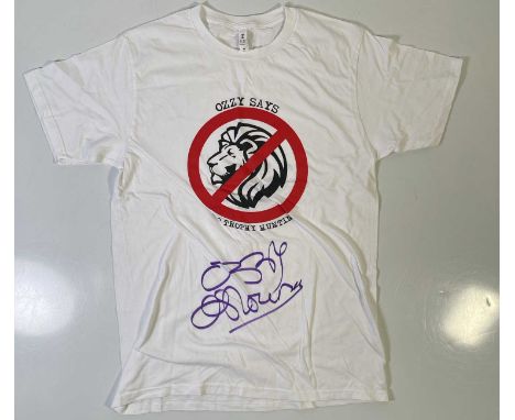 An original t-shirt (M) designed by Ozzy Osbourne, signed in black marker pen by Ozzy Osbourne. Provenance: donated by Ozzy a