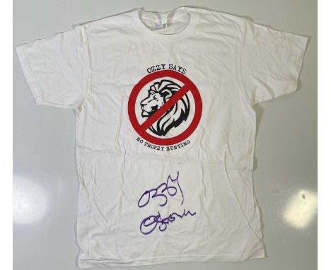 An original t-shirt (L) designed by Ozzy Osbourne, signed in black marker pen by Ozzy Osbourne. Provenance: donated by Ozzy a