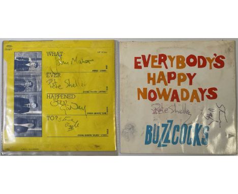 Two signed Buzzcocks singles to inc: 'Everybody's Happy...' signed by Pete Shelley and Steve Diggle to front of sleeve and to