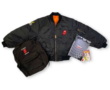 Rolling Stones memorabilia to inc: Voodoo Lounge bomber jacket (no sizing label), backpack, tour programme, French concert ti