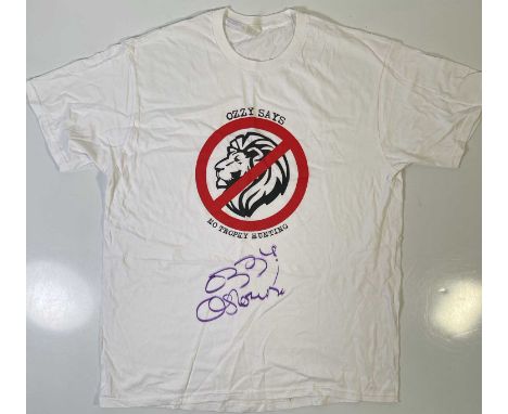 An original t-shirt (XL) designed by Ozzy Osbourne, signed in black marker pen by Ozzy Osbourne. Provenance: donated by Ozzy 