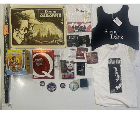 A good mixed selection of music memorabilia to include: U2 promotional umbrella for '18', Tommy Iommi signed Iron Man book, I