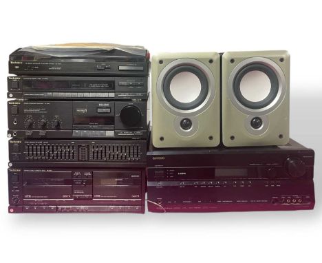 Audio equipment to include a technics stack with an SL-J100R turntable, an ST-X880L tuner, a SU-X840 amplifier, a SH-E50 EQ, 