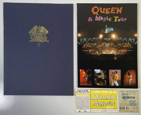 . Assorted Queen memorabilia to include: ticket stub for Queen at Forest Nationaal, Belgium in 1986, a ticket for Queen and M