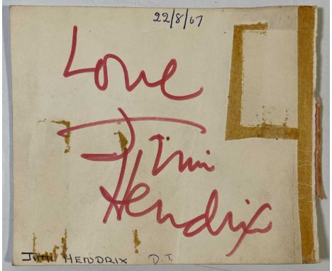 A page from an autograph book (approx 11.5 x 10cm) signed in red ink with an inscription by Jimi Hendrix, obtained in person 