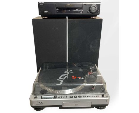 A collection of audio equipment to include a pair of Monitor Audio systemR252 speakers, an Ion LP2CD turntable, a Sony SLV-E7