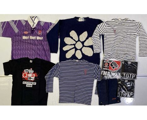 Nine items of mostly promotional music clothing c 1990s. To inc: Wet Wet Wet sponsored Clydebank FC football shirt (46/48), J