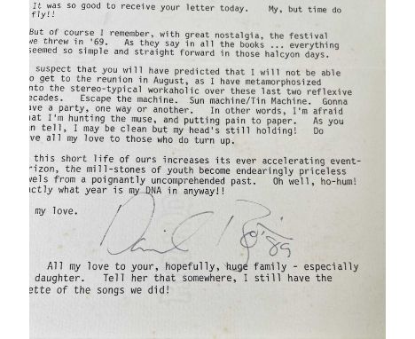 A typed letter on official David Bowie stationery (page 17.5 x 22.5cm) with a note from David Bowie to Mary Finnigan, an old 