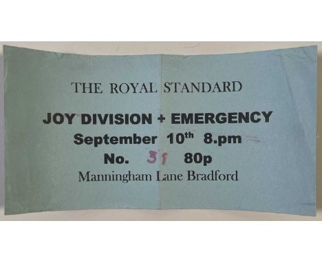 An original ticket Joy Division at Bradford's 'Royal Standard' pub in September 1978. Measures 12x6cm. With crease along midd