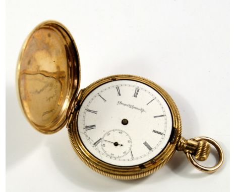 An American gold plated hunter pocket watch, Atlas Watch Co, enamel dial bearing Roman numerals, subsidiary seconds dial, mov
