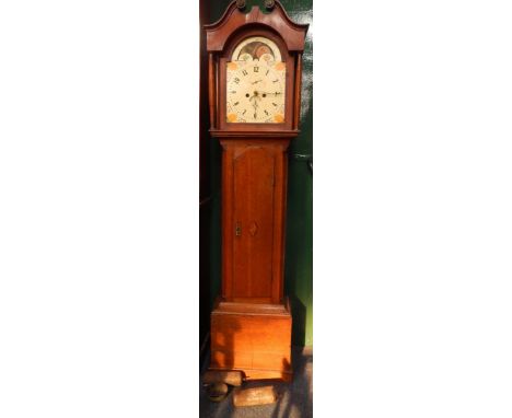 A George III oak longcase clock by Tasker of Sleaford, enamel broken with dial with moon phase, dial bearing Arabic numerals,