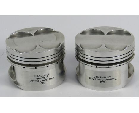 Two pistons from Formula One cars, namely James Hunt Brazilian Grand Prix 1976 and Alan Jones practice at the British Grand P