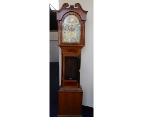 A George III oak and mahogany longcase clock by Barber of Nottingham, the hood with swan neck pediment, break arch enamel dia