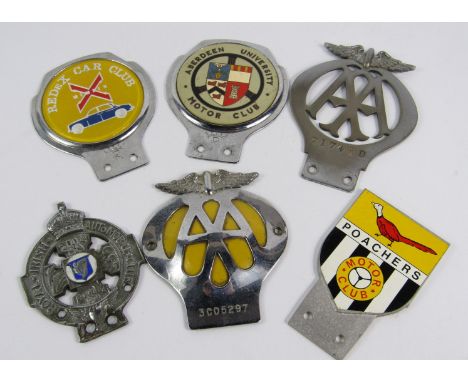 A collection of automobile club badges, comprising a pre-war AA badge and a 1950's AA badge, a Royal Irish automobile club ba