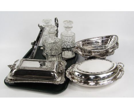 Plated wares, including entree dishes and covers, baskets and a three bottle wine decanter cruet, (a quantity).