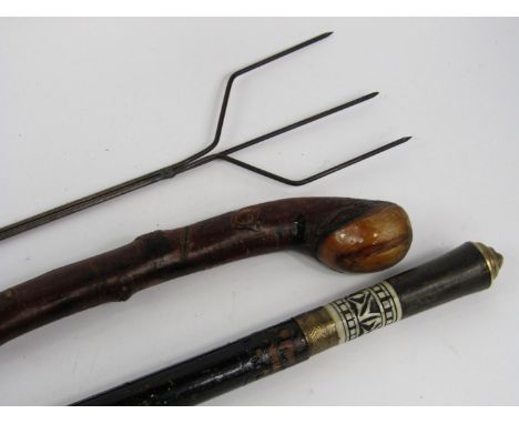 An Indian ebony sword stick, hardwood walking stick and a toasting fork, (3).