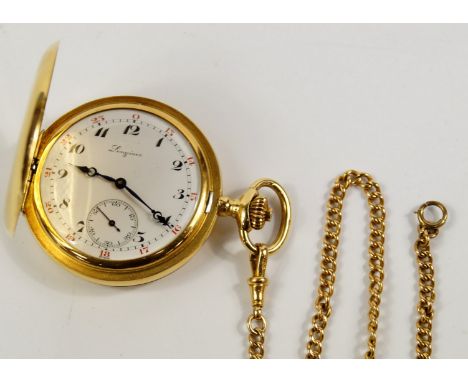 A Longines 18ct gold gentleman's hunter pocket watch, keyless wind, white enamel dial bearing twenty four hour Arabic numeral