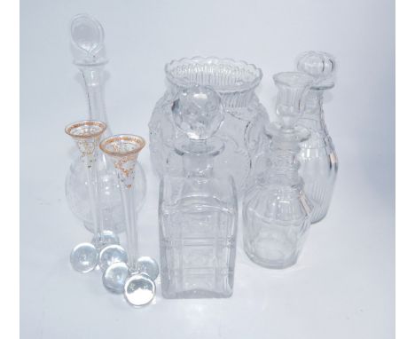A continental etched glass decanter and stopper, late 19thC, three further decanters, pair of enamel decorated posy vases and