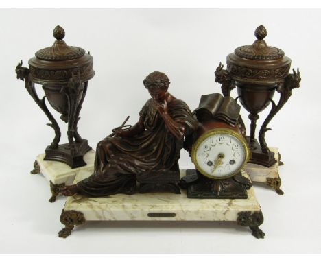 A late 19thC French bronzed spelter and marble clock garniture by Marti, one barrel clock flanked by a seated classical figur