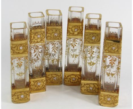 A set of six Continental glass spill vases, late 19thC, of tapering square form with gilt and enamel floral and foliate decor