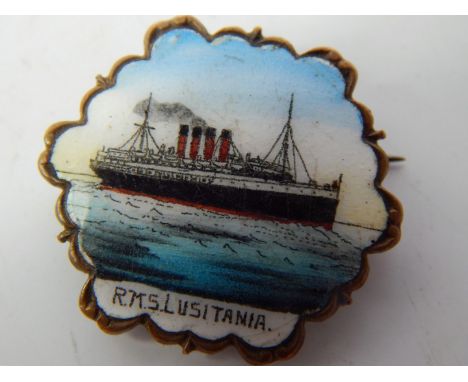 A brass and enamel souvenir badge for the RMS Lusitania.