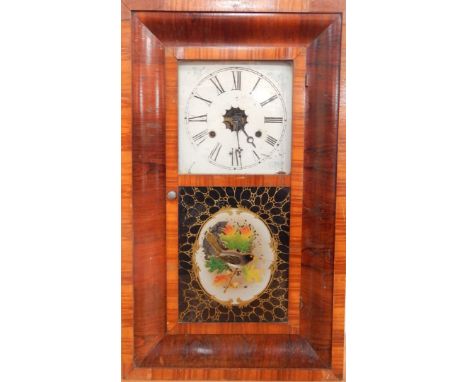 A 19thC American walnut cased shelf clock, dial bearing Roman numerals, glass panel front decorated with a blackbird and oak 