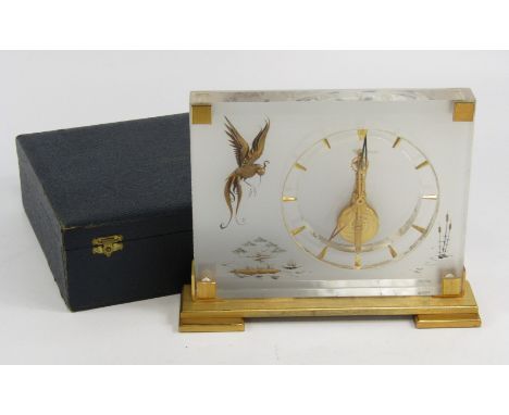 A Jaegar le Coutre Marina clock, in perspex and burnished brass, cased, 20.5cm long.