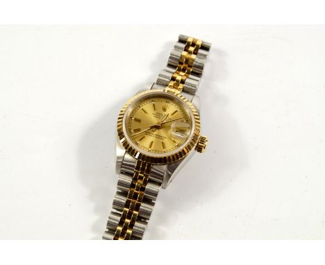 A Rolex lady's bi-metal cased chronometer wristwatch, oyster perpetual, date just, yellow metal dial, L894770, on a matching 