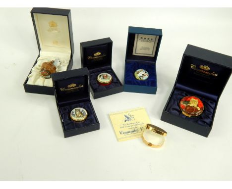 Five Crummles enamel boxes decorated with cats, together with a Halcyon Days box decorated with a bird. (6)