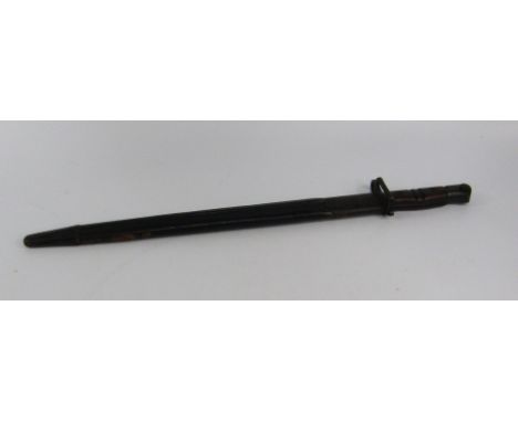 A US Army WWI bayonet, 1917, by Remington, wooden grip, leather sheath.
