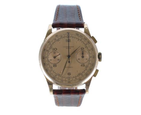 Suisse Chronographe 18k chronograph gentleman's wristwatch, case no. 239, circa 1950s, circular rose dial with Arabic numeral
