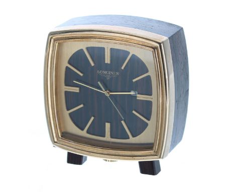 Longines lignum vitae and 18ct 'TV' travel clock, circa 1970s, the dial with sweep centre seconds and date aperture, 2.5" hig
